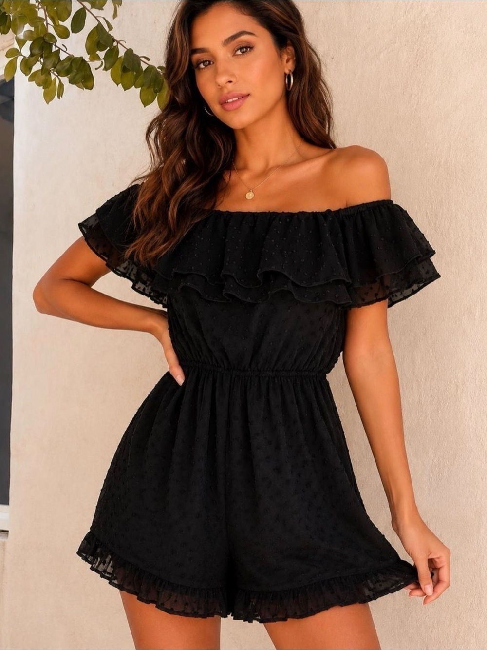 Lulus Frilled to Bits Black Swiss Dot Off-the-Shoulder Romper Size Small NWT